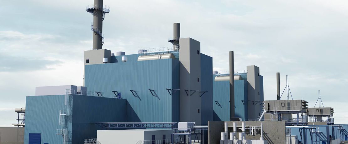 Modellhafte Darstellung des neuen, hocheffizienten und modernen Gas- und Dampfturbinenkraftwerks, das Evonik im Chemiepark Marl errichten wird.