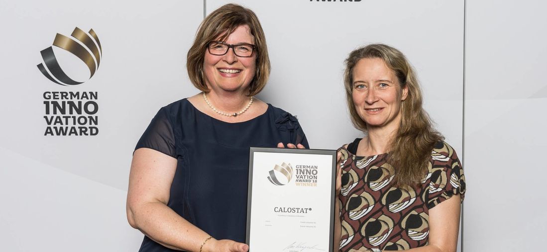 Dr. Bettina Gerharz-Kalte and Dr. Gabriele Gärtner from Evonik‘s Thermal Insulation team receive the Winner Award for CALOSTAT® the non-combustible superinsulation material at the German Innovation Award 2018.